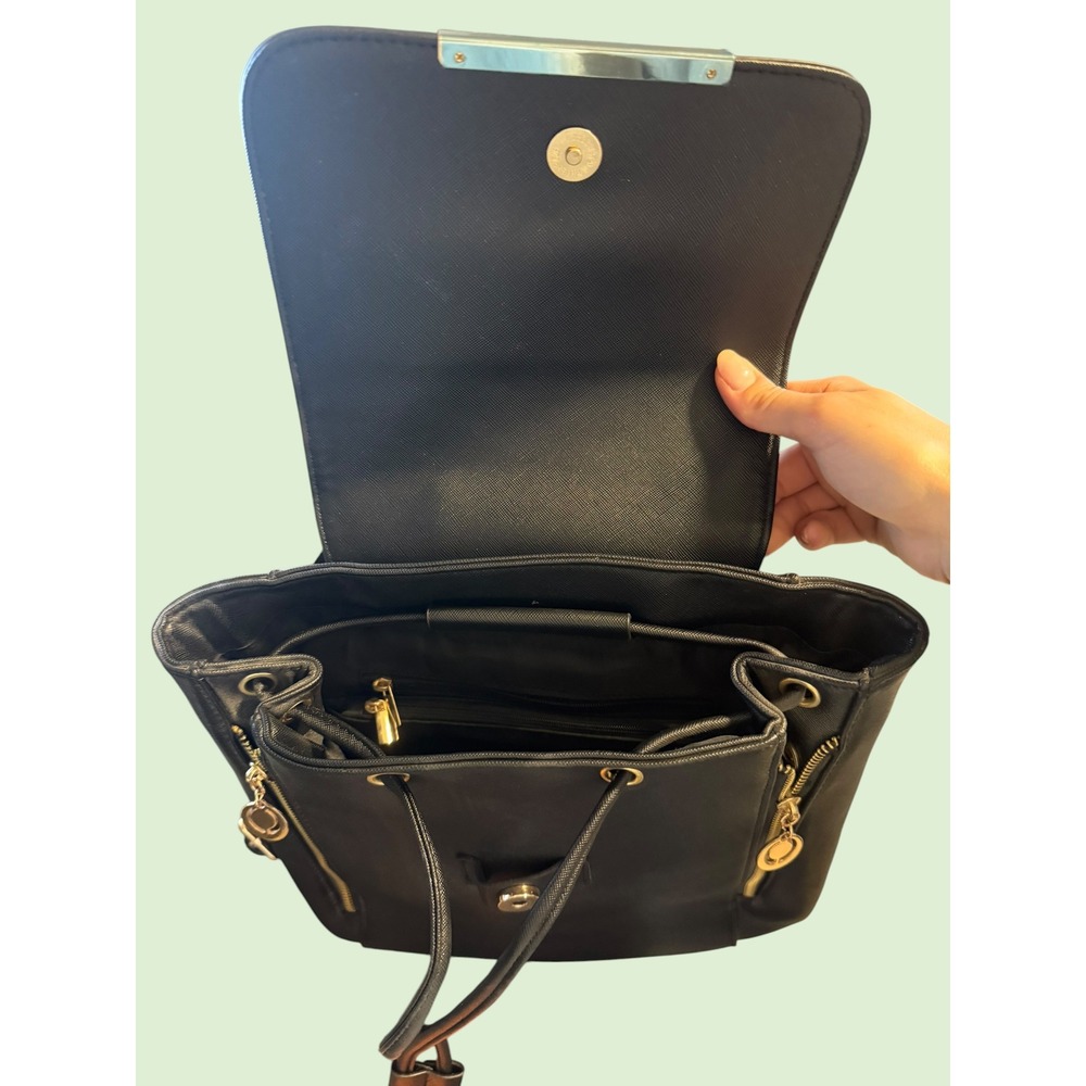 Black Saffiano Vegan Leather Backpack Gold Hardware Drawstring Flap Small Bag - Picture 4 of 7